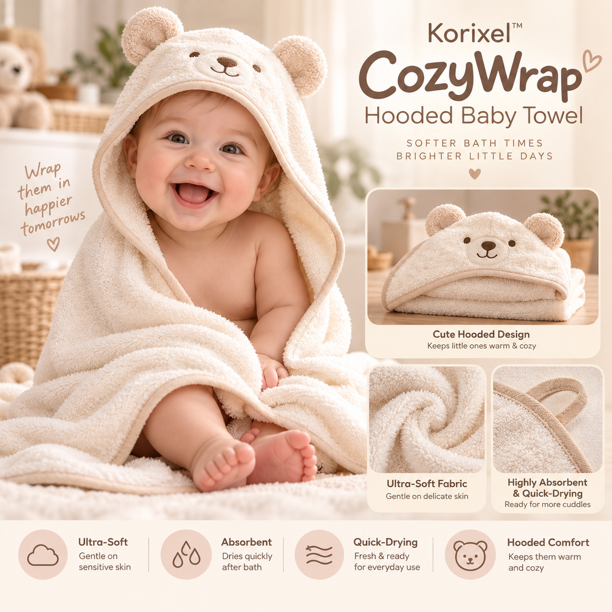 Korixel™ CozyWrap Hooded Baby Towel